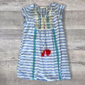 Andree by Unit Blue Striped Lace Boho Mini Dress Womens S Embroidered Cap Sleeve
